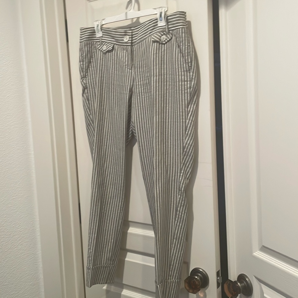 Lightweight striped white and black pant with cuffed hem and fun pocket detail